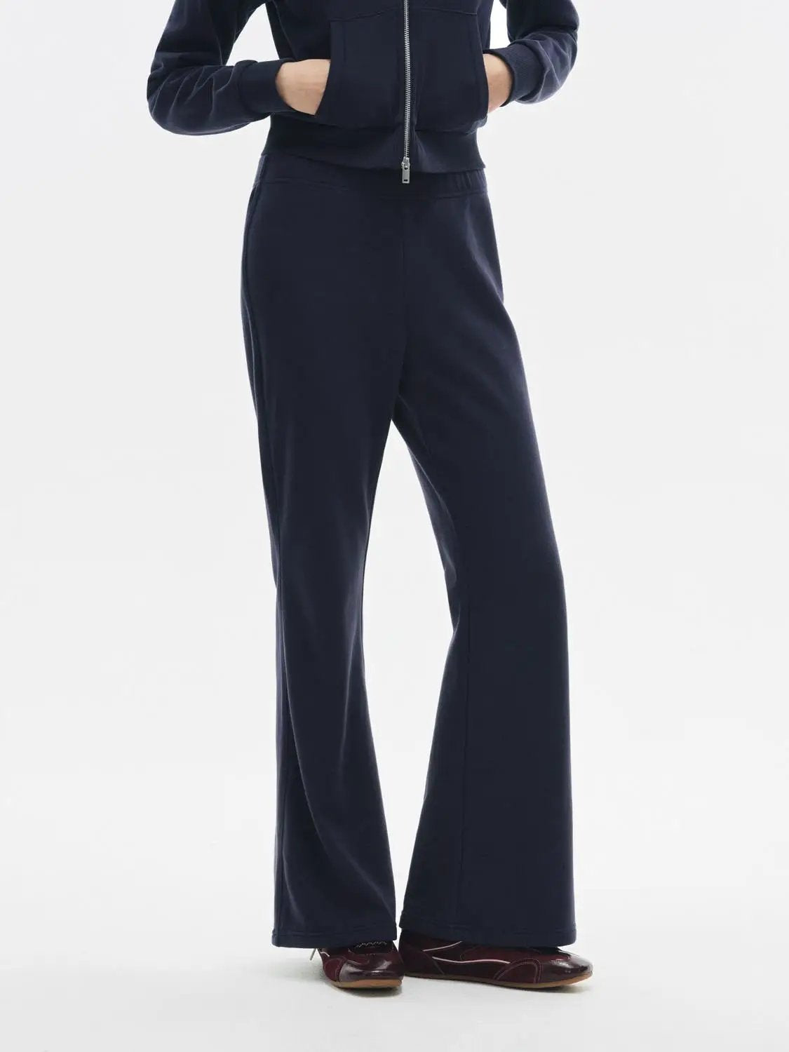 Flared Solid Regular Mid-rise High-waisted Cotton Blend Pants