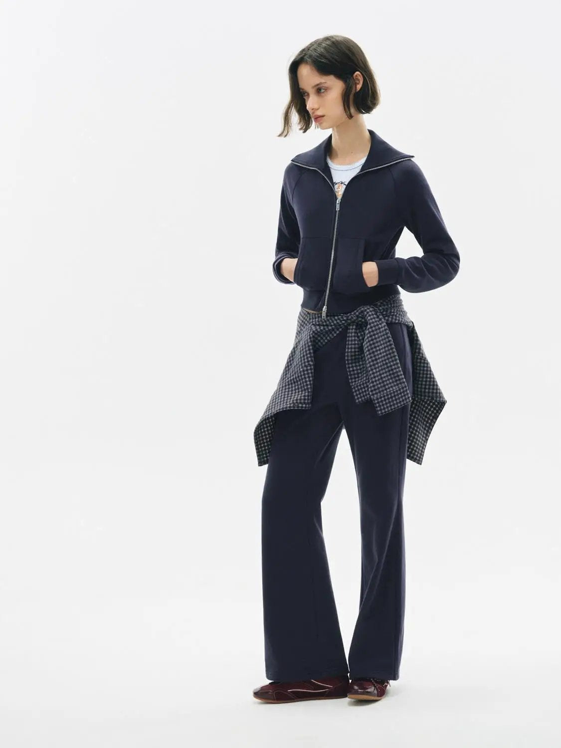 Flared Solid Regular Mid-rise High-waisted Cotton Blend Pants