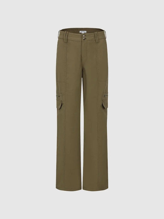 Zippered Wide-leg High-waisted Cotton Blend Cargo Pants