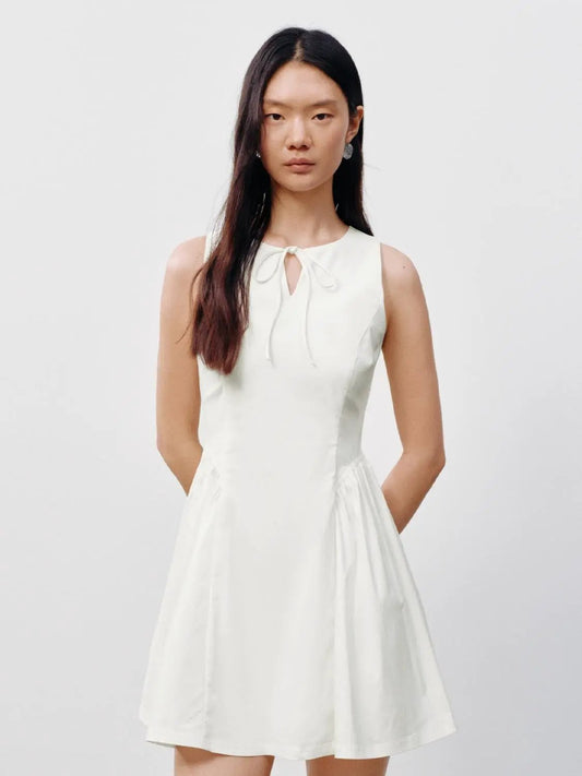 Tie Keyhole Neck Sleeveless A-Line Cotton Mini Dress