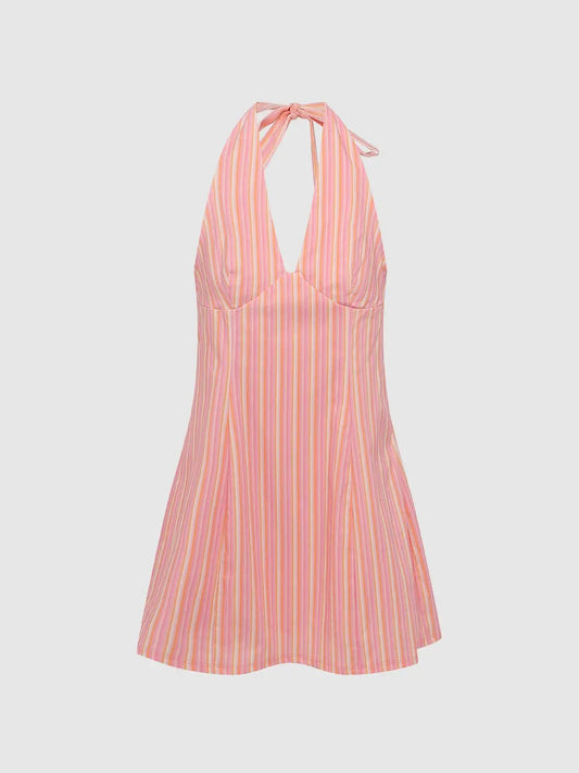 Striped Sleeveless Tie Neck A-line Mini Dress