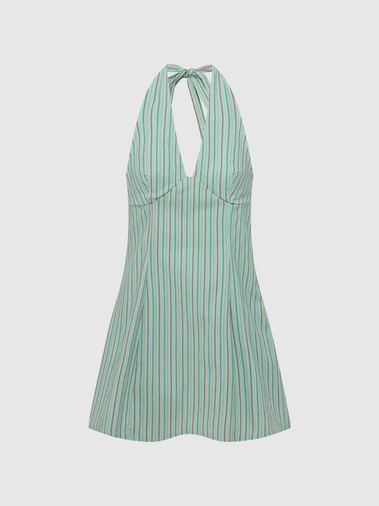 Striped Fitted Bodice Tie Halter Sleeveless A-Line Dress