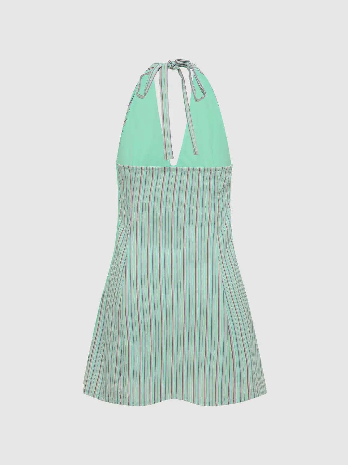 Striped Fitted Bodice Tie Halter Sleeveless A-Line Dress