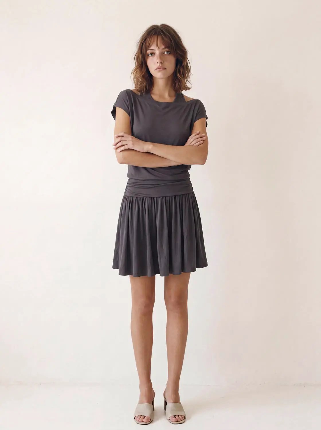 A-line Charcoal Solid Ruched Waist Short Sleeve Dress