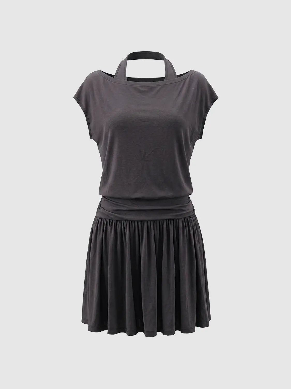 A-line Charcoal Solid Ruched Waist Short Sleeve Dress