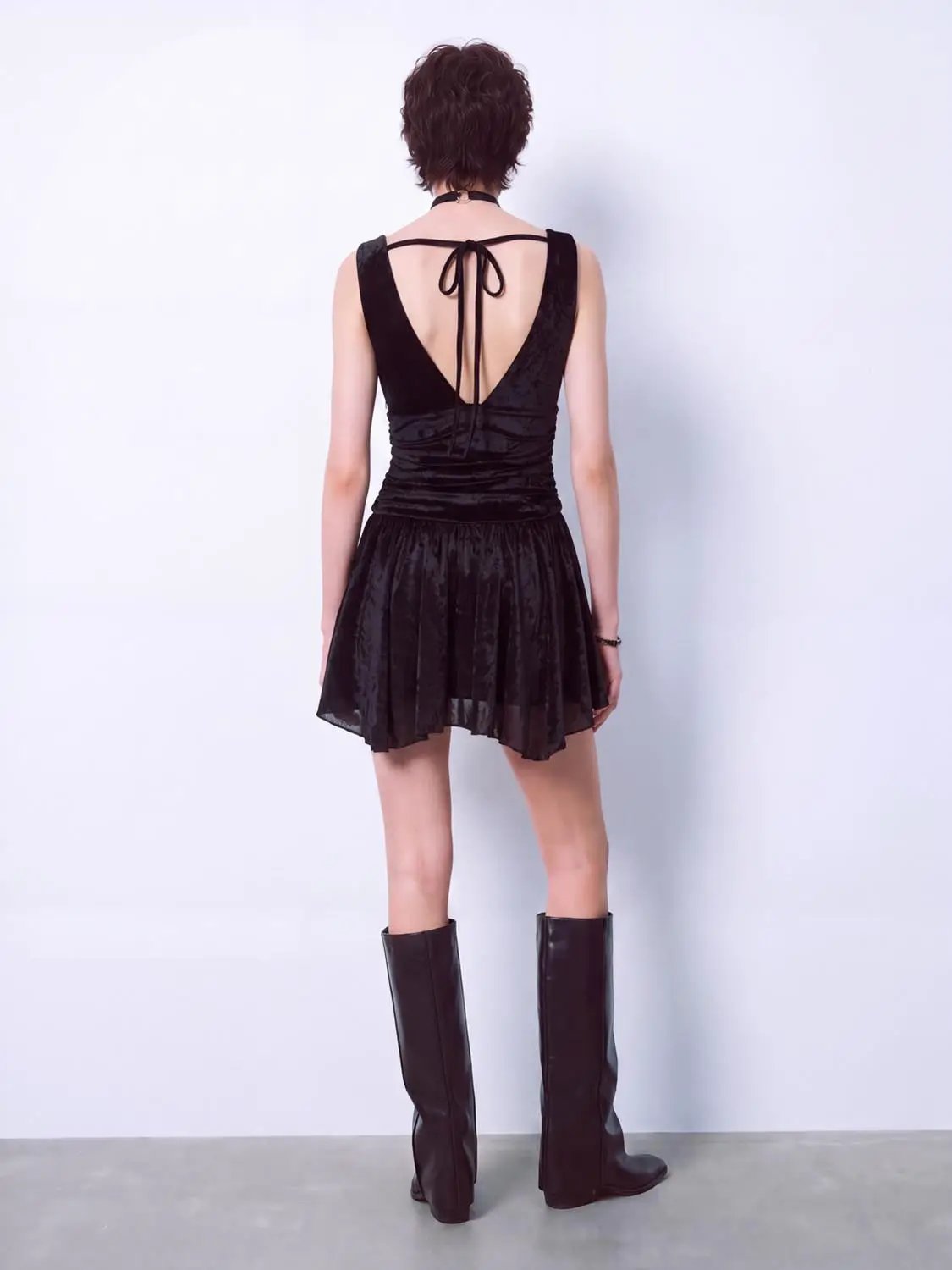 Ruched Pleated A-Line V-Neck Sleeveless Mini Dress
