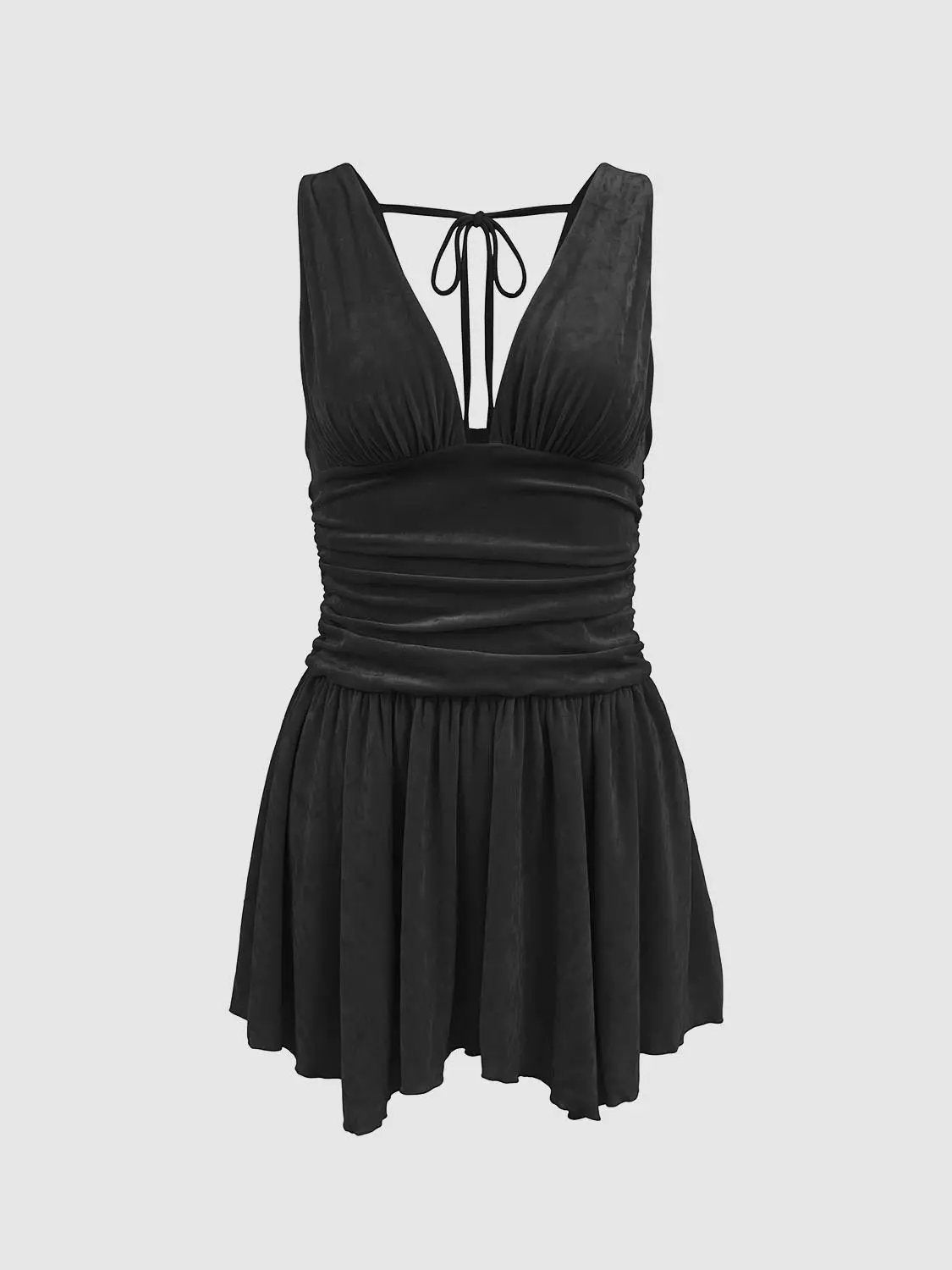 Ruched Pleated A-Line V-Neck Sleeveless Mini Dress