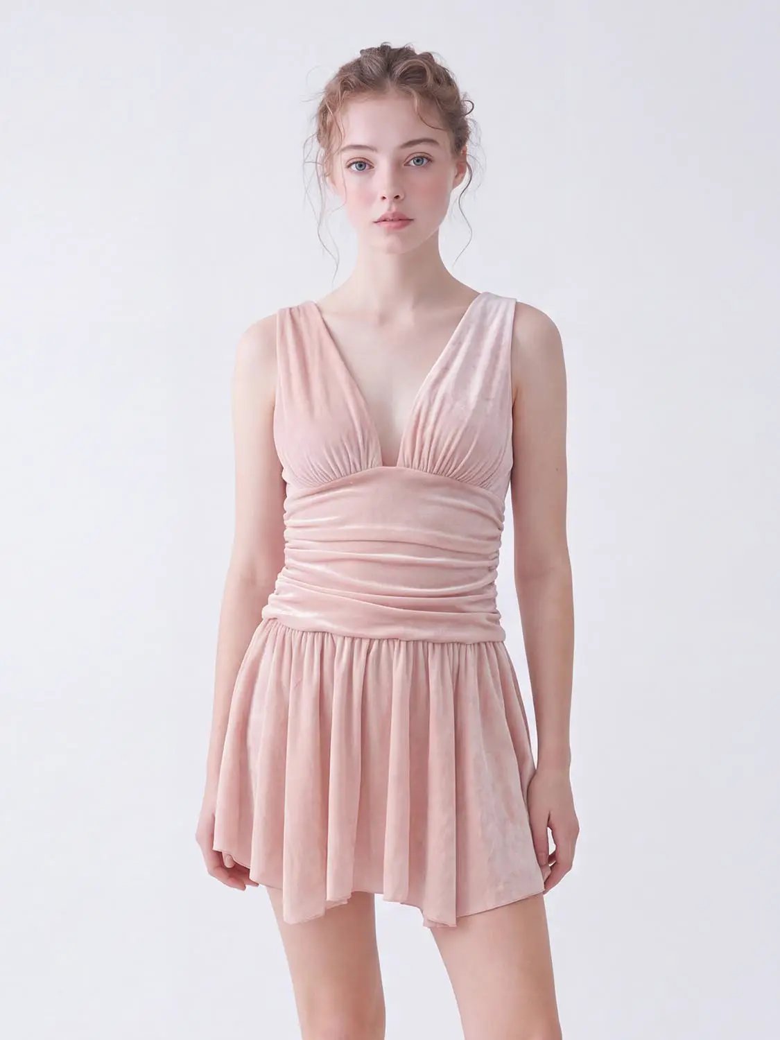 Ruched Pleated A-Line V-Neck Sleeveless Mini Dress