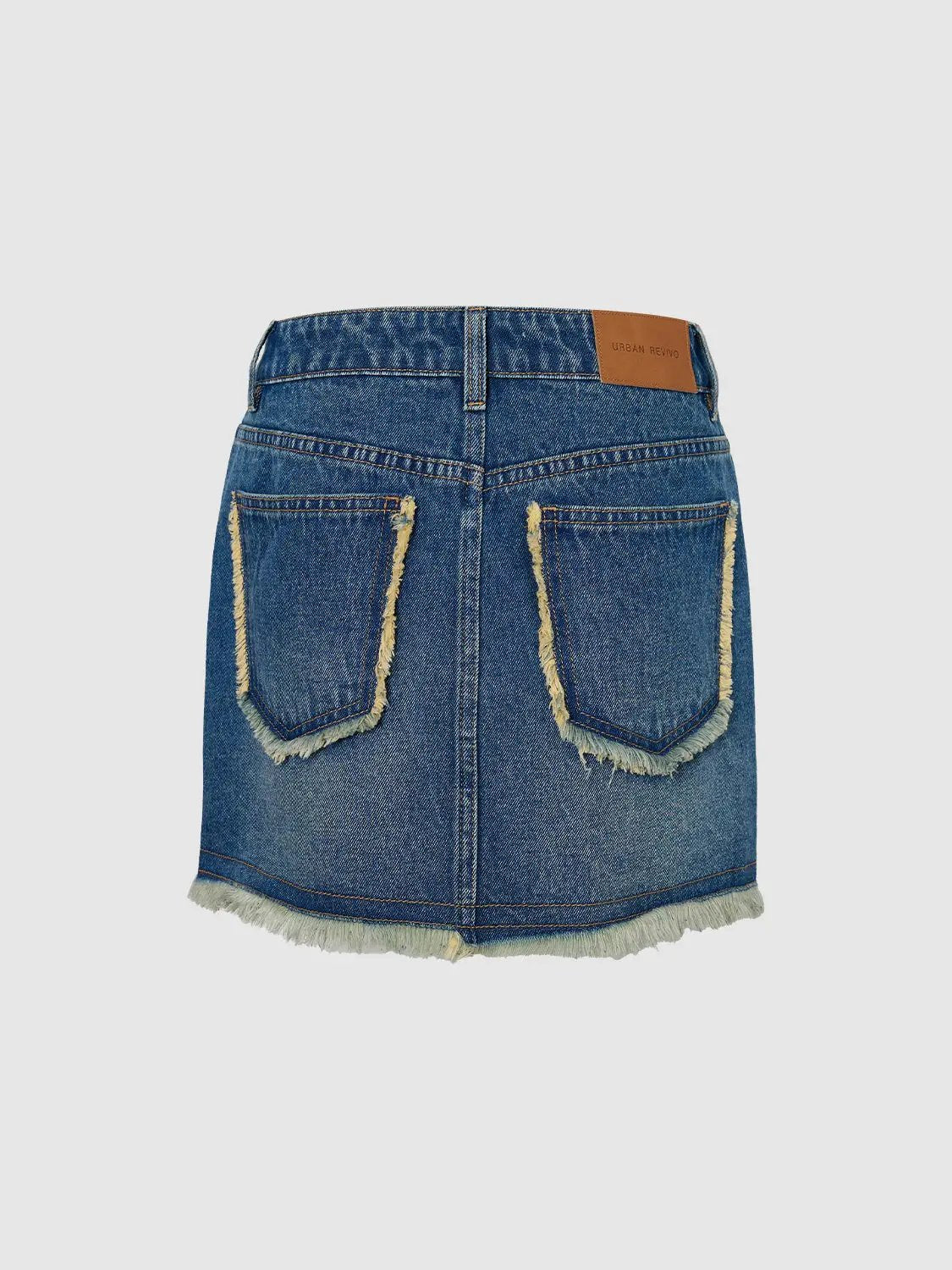 Button-Front Frayed Hem Patch Pocket Denim Mini Skirt