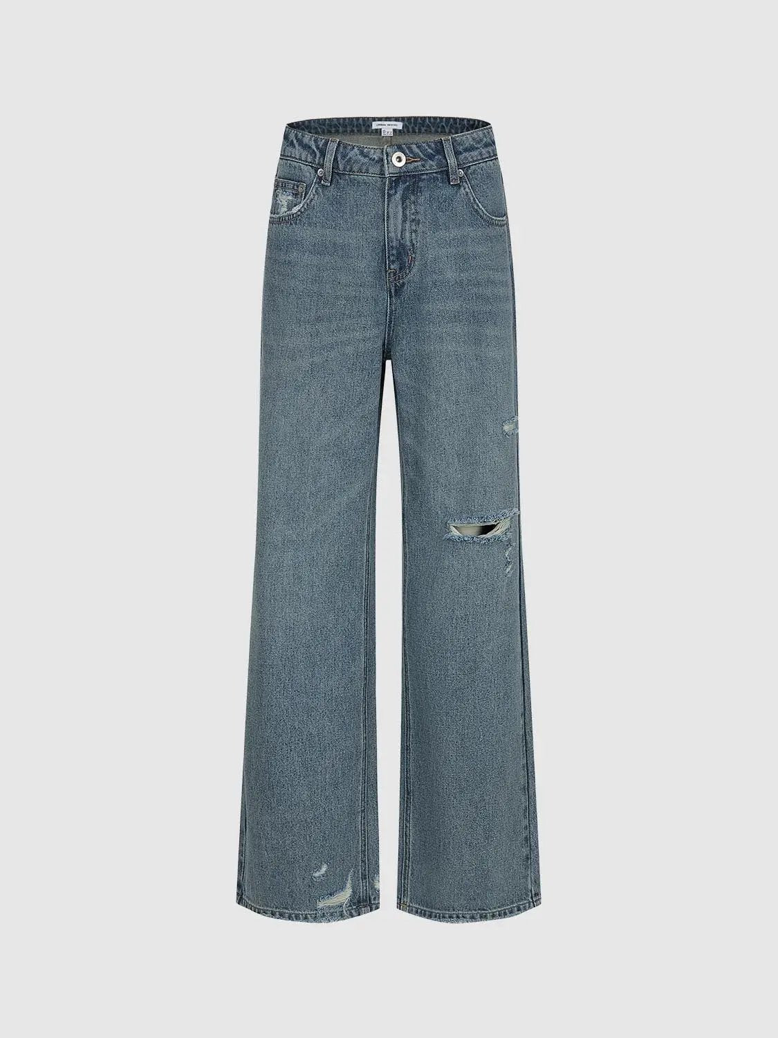 Mid Wash Distressed Raw Edge Relaxed Flare Leg Denim Jeans