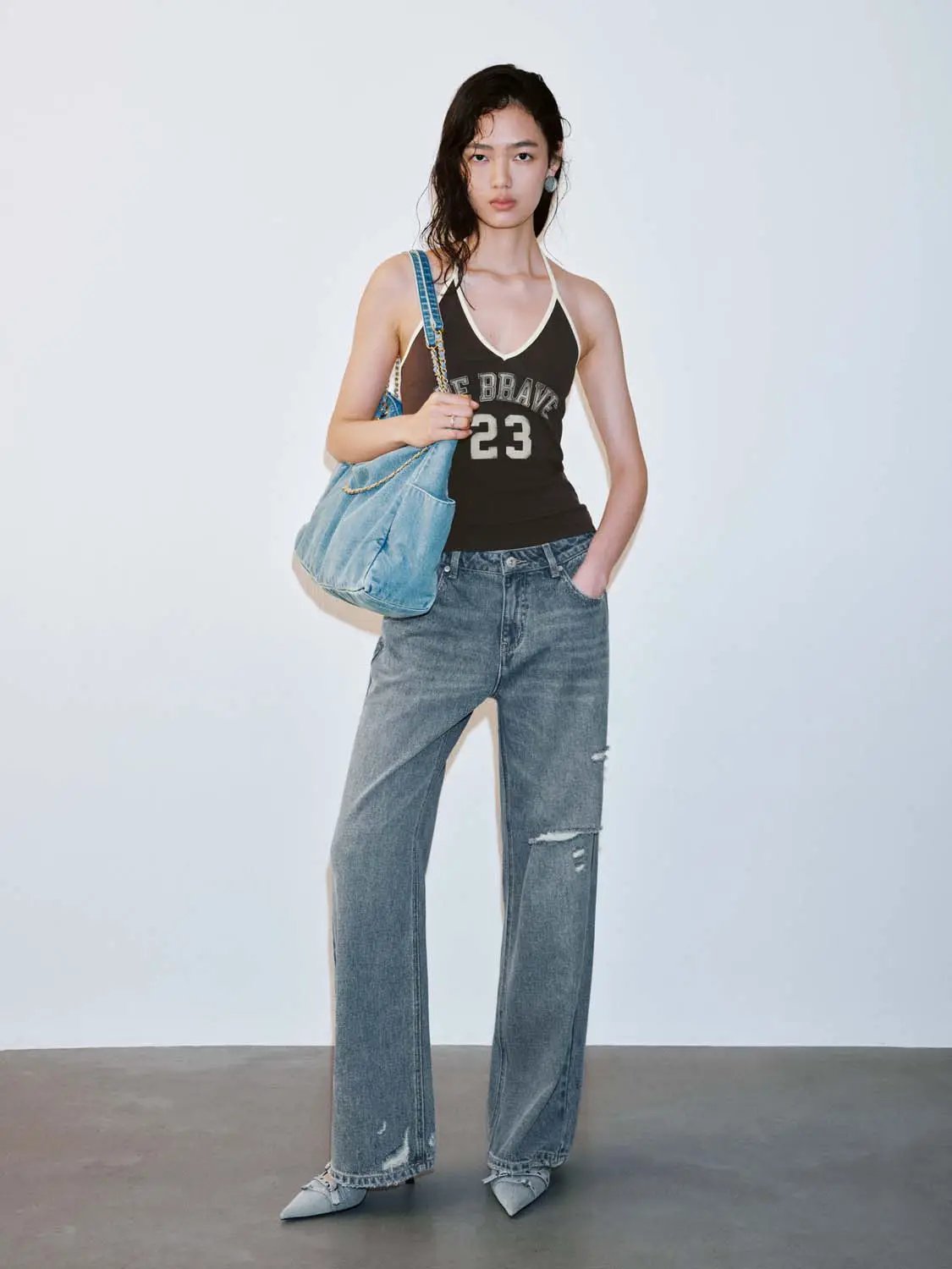 Mid Wash Distressed Raw Edge Relaxed Flare Leg Denim Jeans