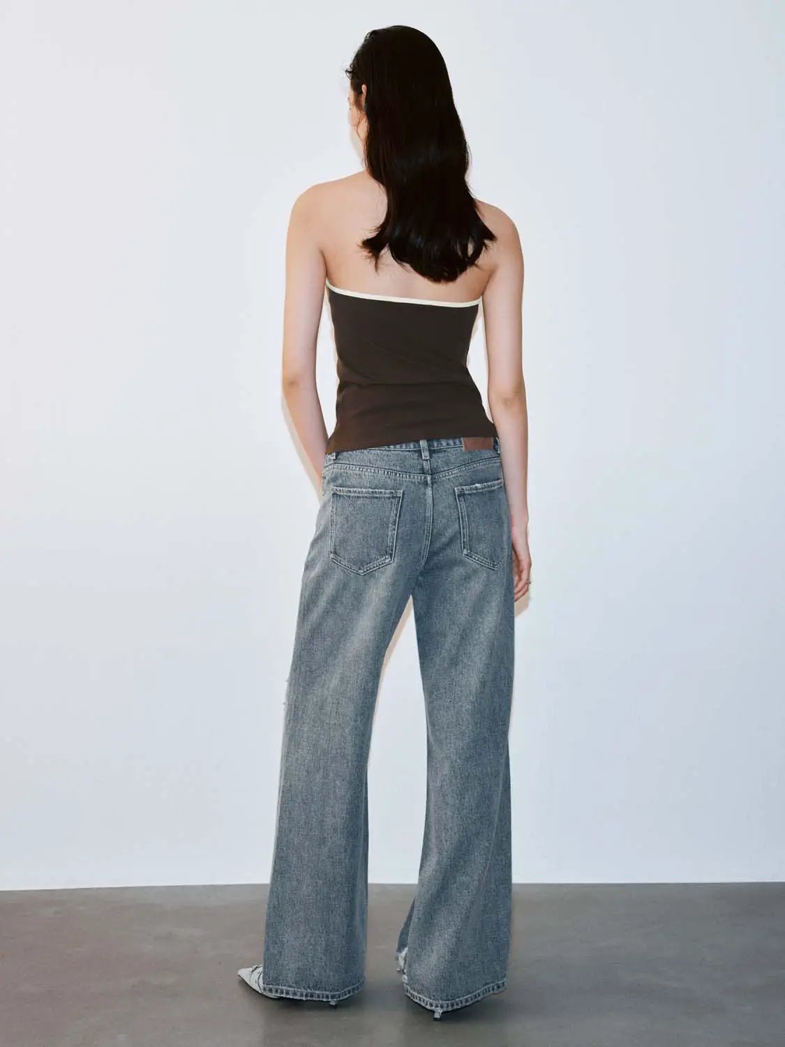 Mid Wash Distressed Raw Edge Relaxed Flare Leg Denim Jeans