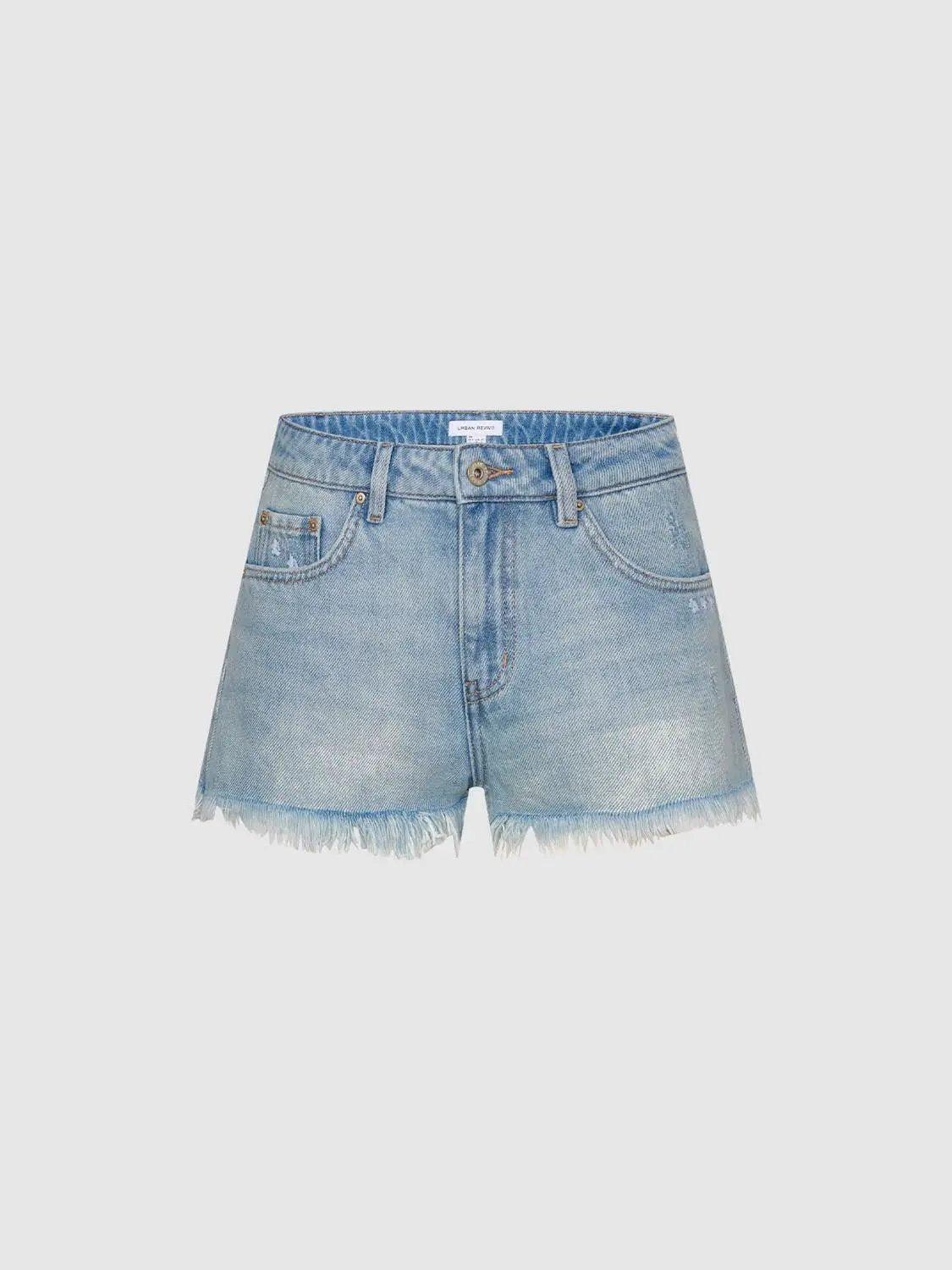 High Waist Washed Frayed Hem Pocket Denim Shorts
