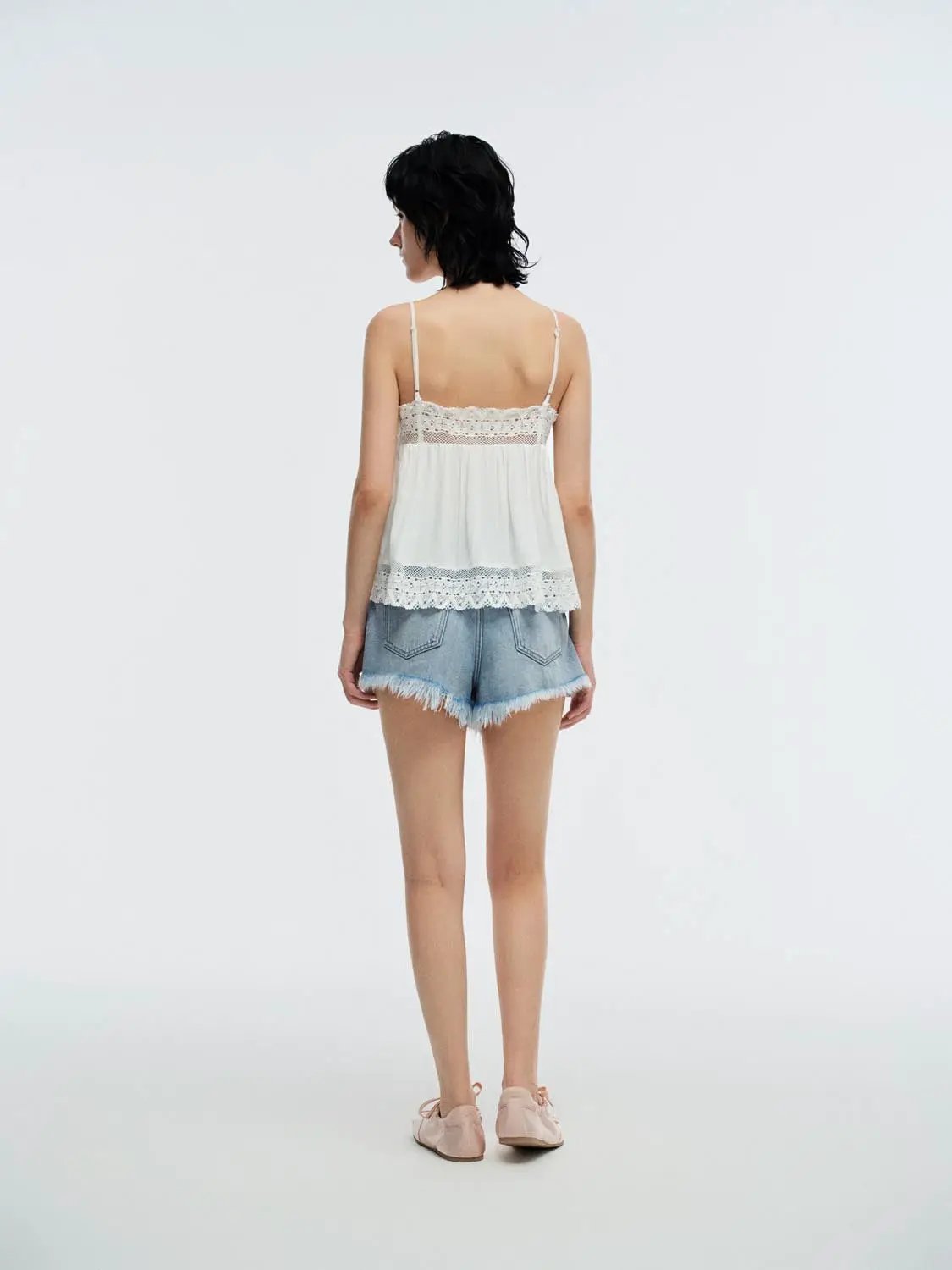High Waist Washed Frayed Hem Pocket Denim Shorts