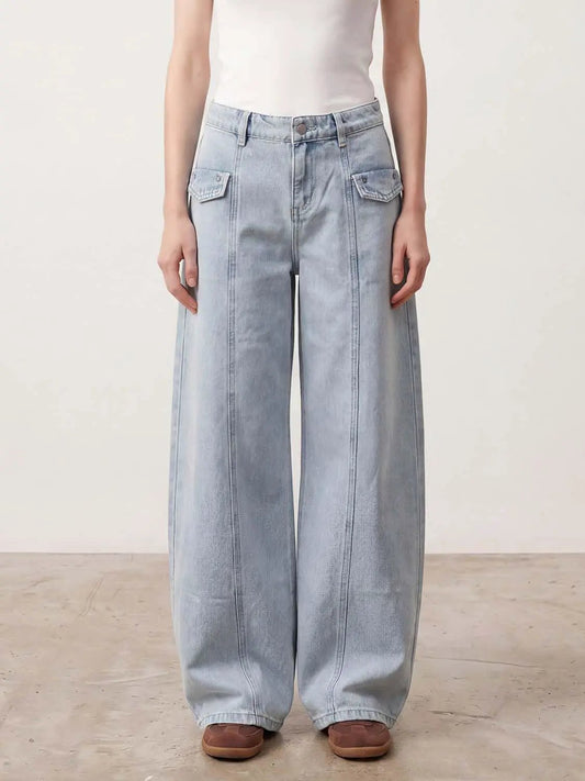 Wide-Leg Silhouette Patch Pocket Flap Detailing Cotton Jeans