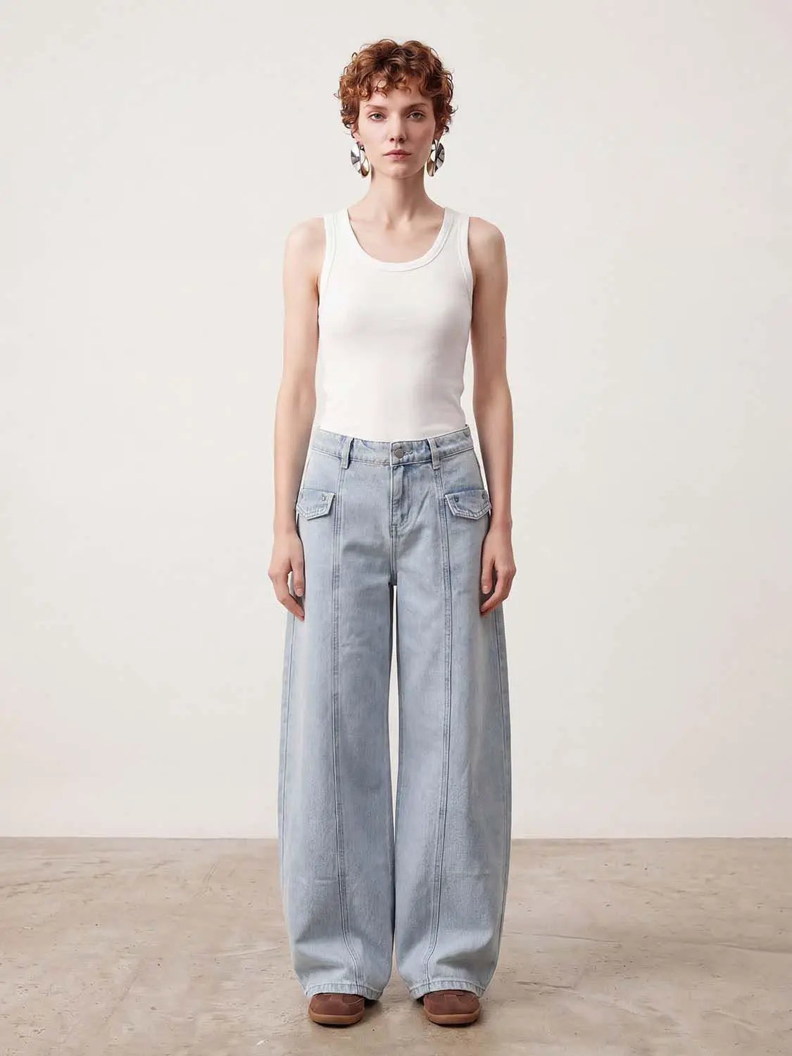 Wide-Leg Silhouette Patch Pocket Flap Detailing Cotton Jeans