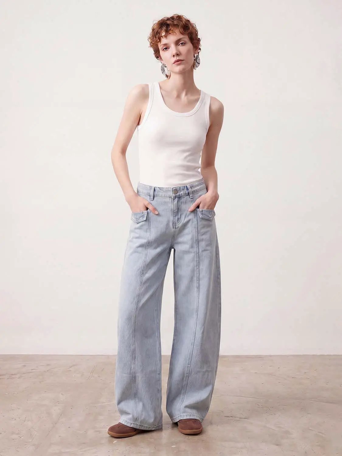 Wide-Leg Silhouette Patch Pocket Flap Detailing Cotton Jeans