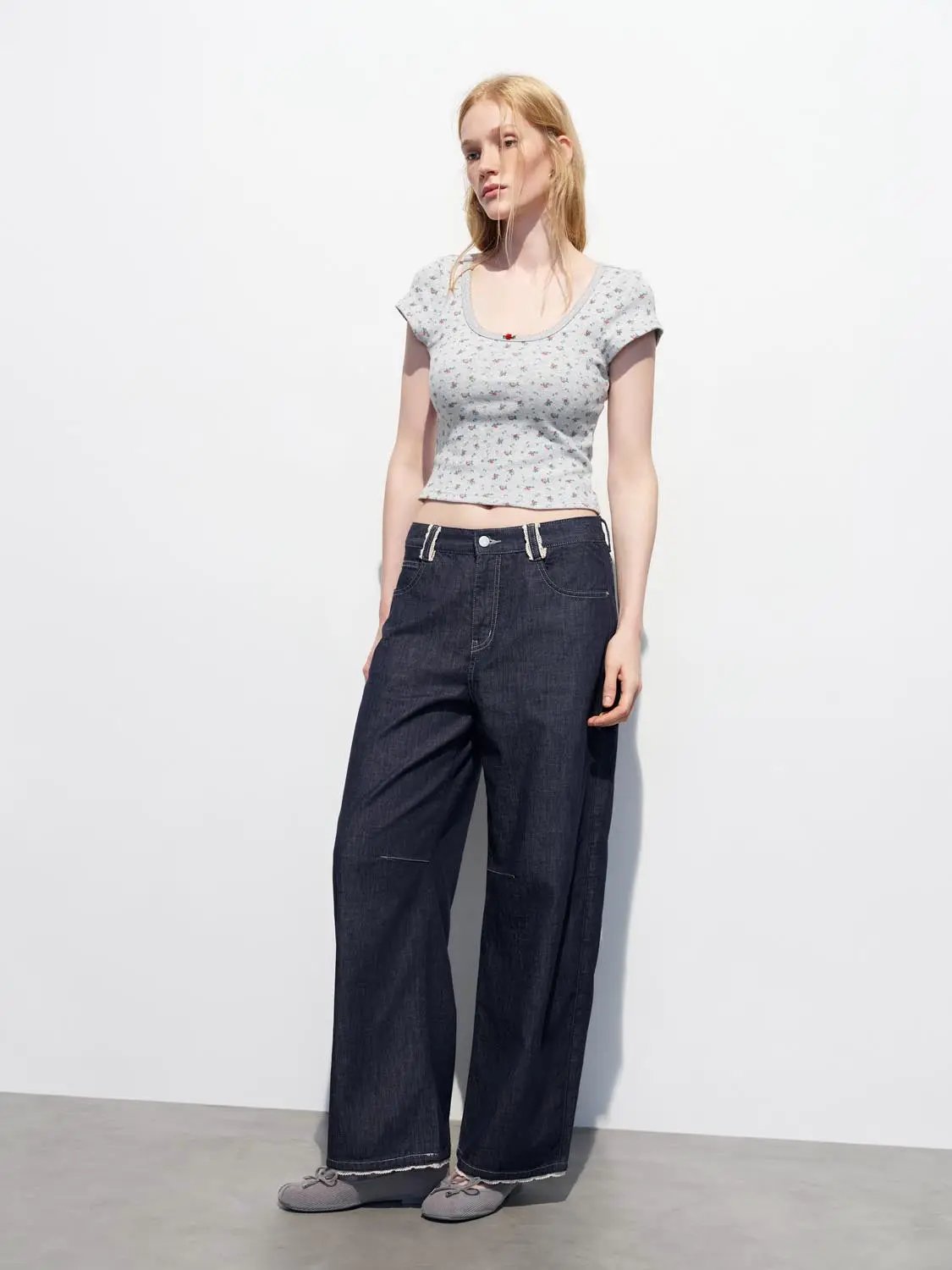 High Waisted Wide-leg Washed Cotton Jeans
