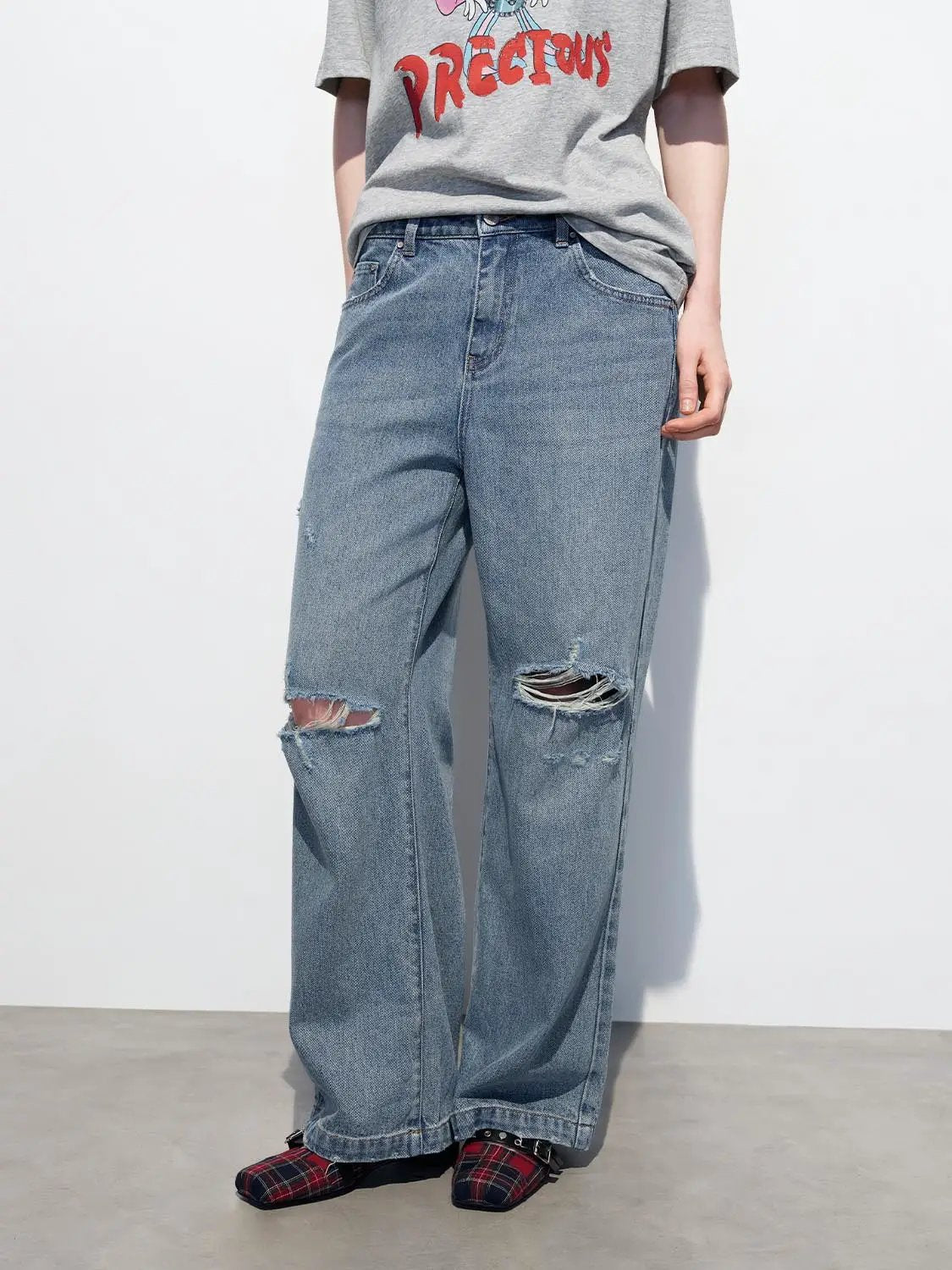 Relaxed Fit Ripped Wide-leg Distressed Jeans