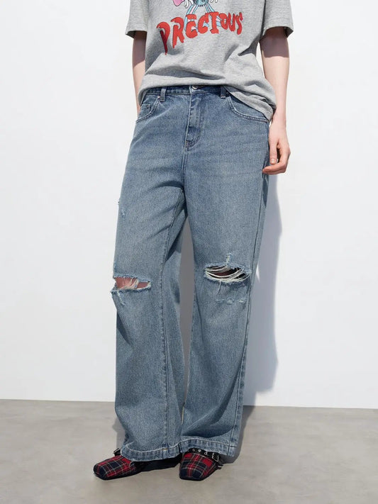 Relaxed Fit Ripped Wide-leg Distressed Jeans