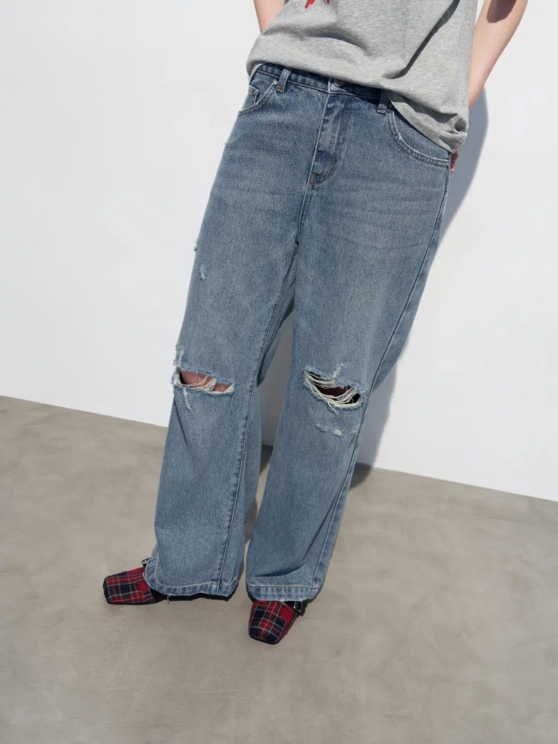 Relaxed Fit Ripped Wide-leg Distressed Jeans