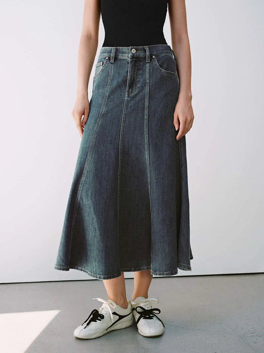 High Waist Panel Seams Denim Cotton Midi Skirt
