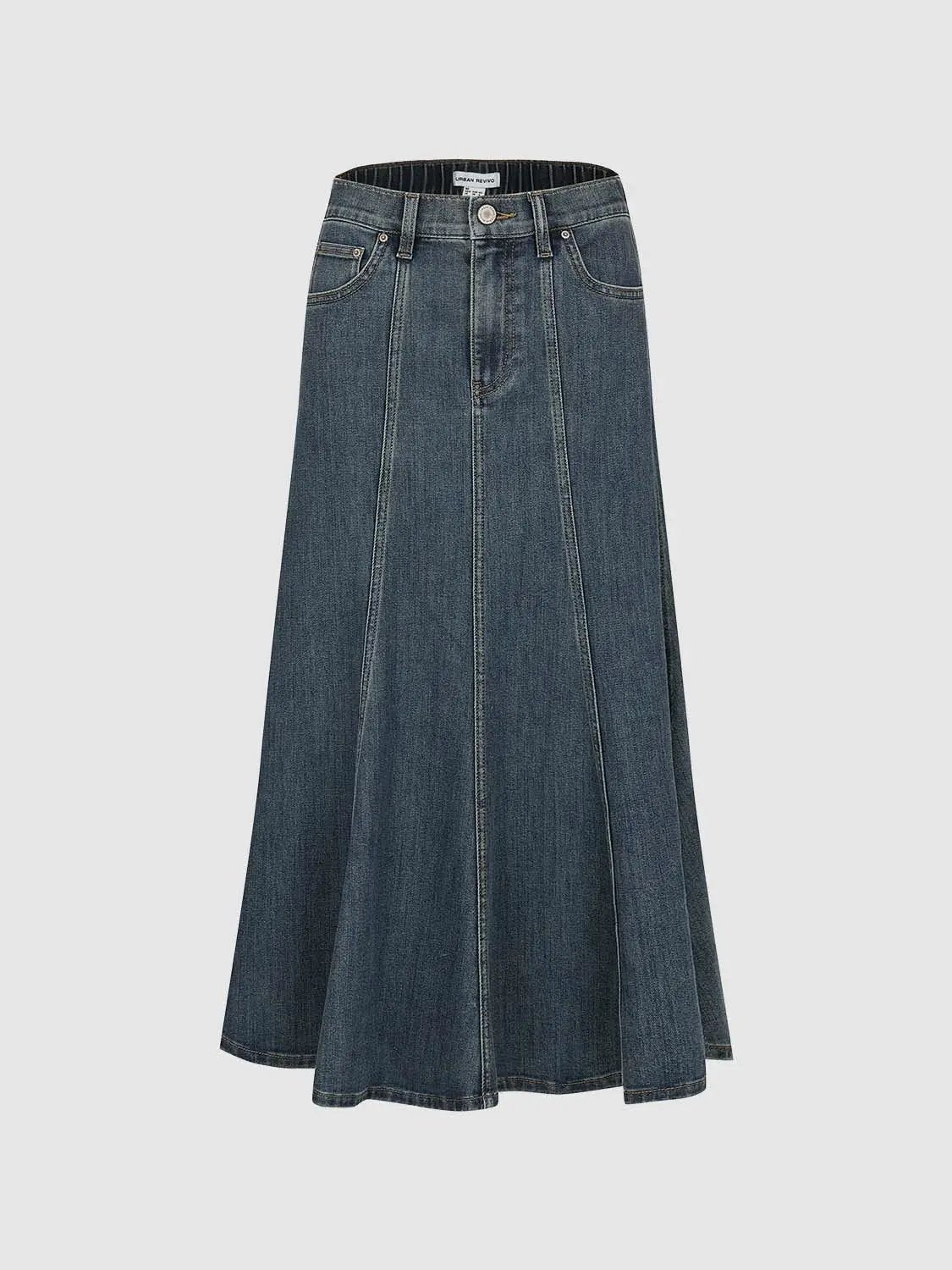 High Waist Panel Seams Denim Cotton Midi Skirt
