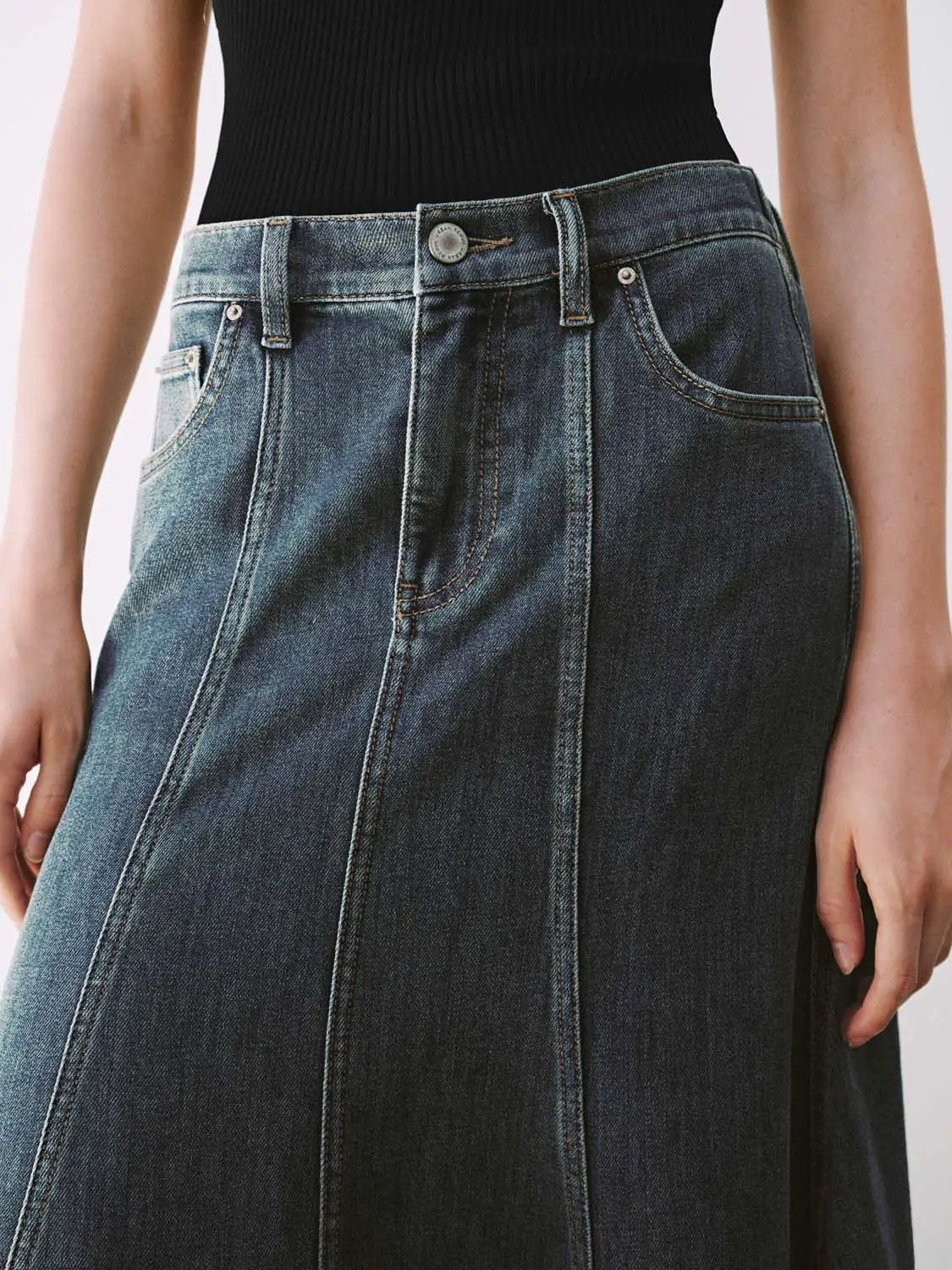 High Waist Panel Seams Denim Cotton Midi Skirt