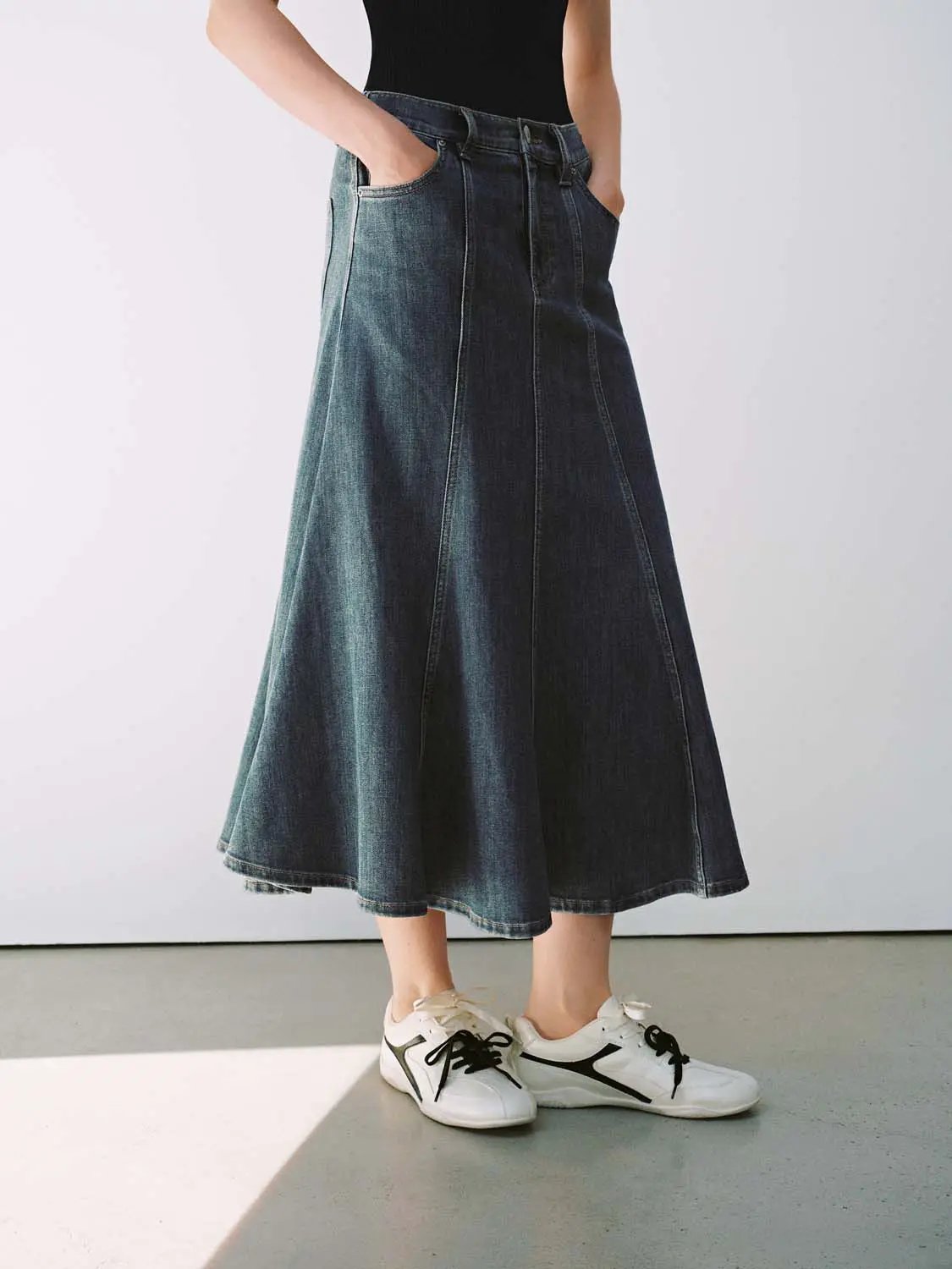 High Waist Panel Seams Denim Cotton Midi Skirt