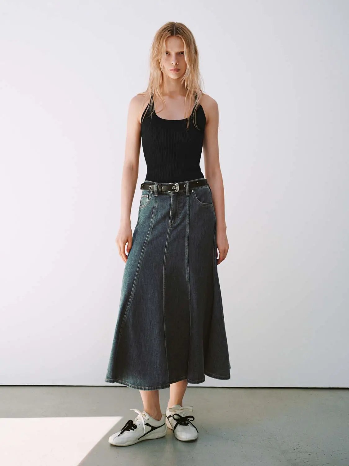 High Waist Panel Seams Denim Cotton Midi Skirt