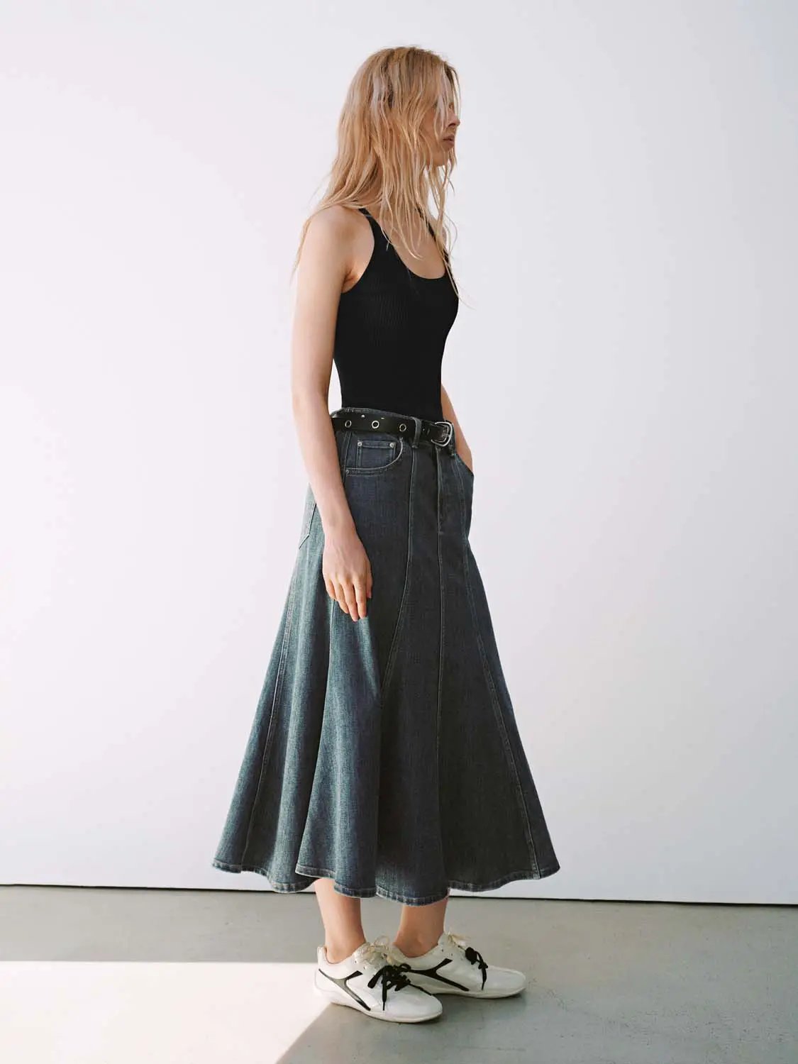 High Waist Panel Seams Denim Cotton Midi Skirt