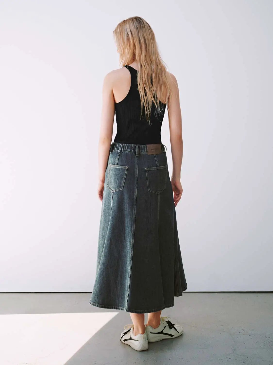 High Waist Panel Seams Denim Cotton Midi Skirt