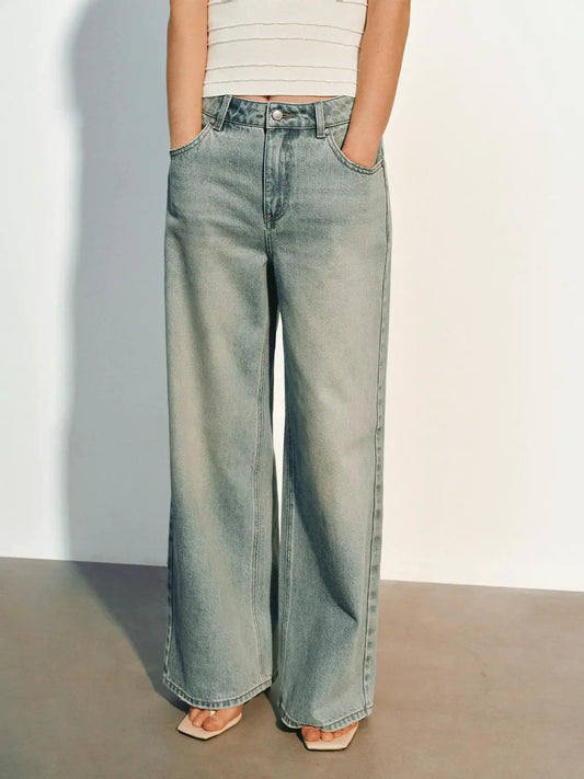Light Faded Blue Washed Wide-leg Cotton Jeans