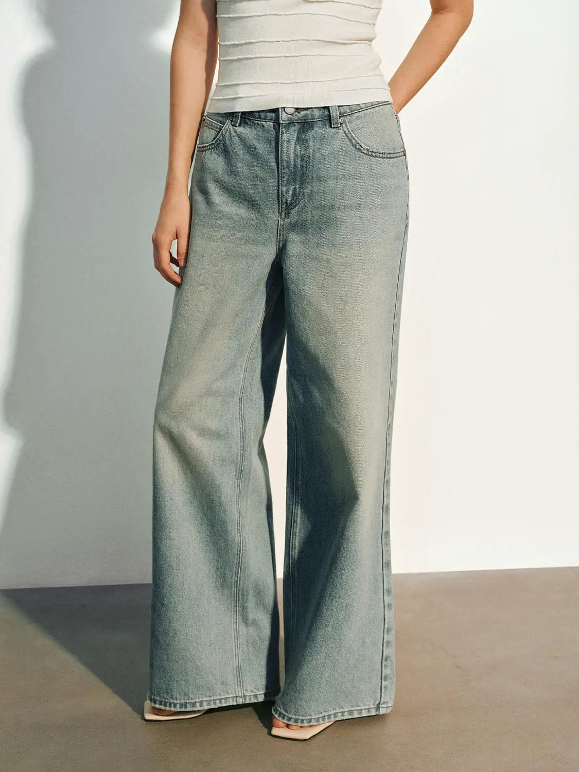 Light Faded Blue Washed Wide-leg Cotton Jeans