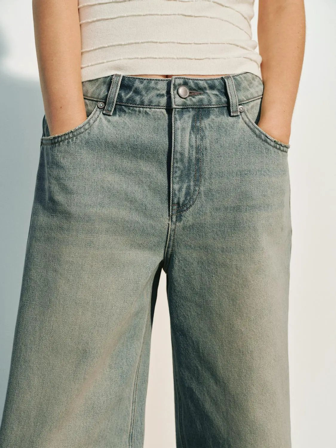 Light Faded Blue Washed Wide-leg Cotton Jeans