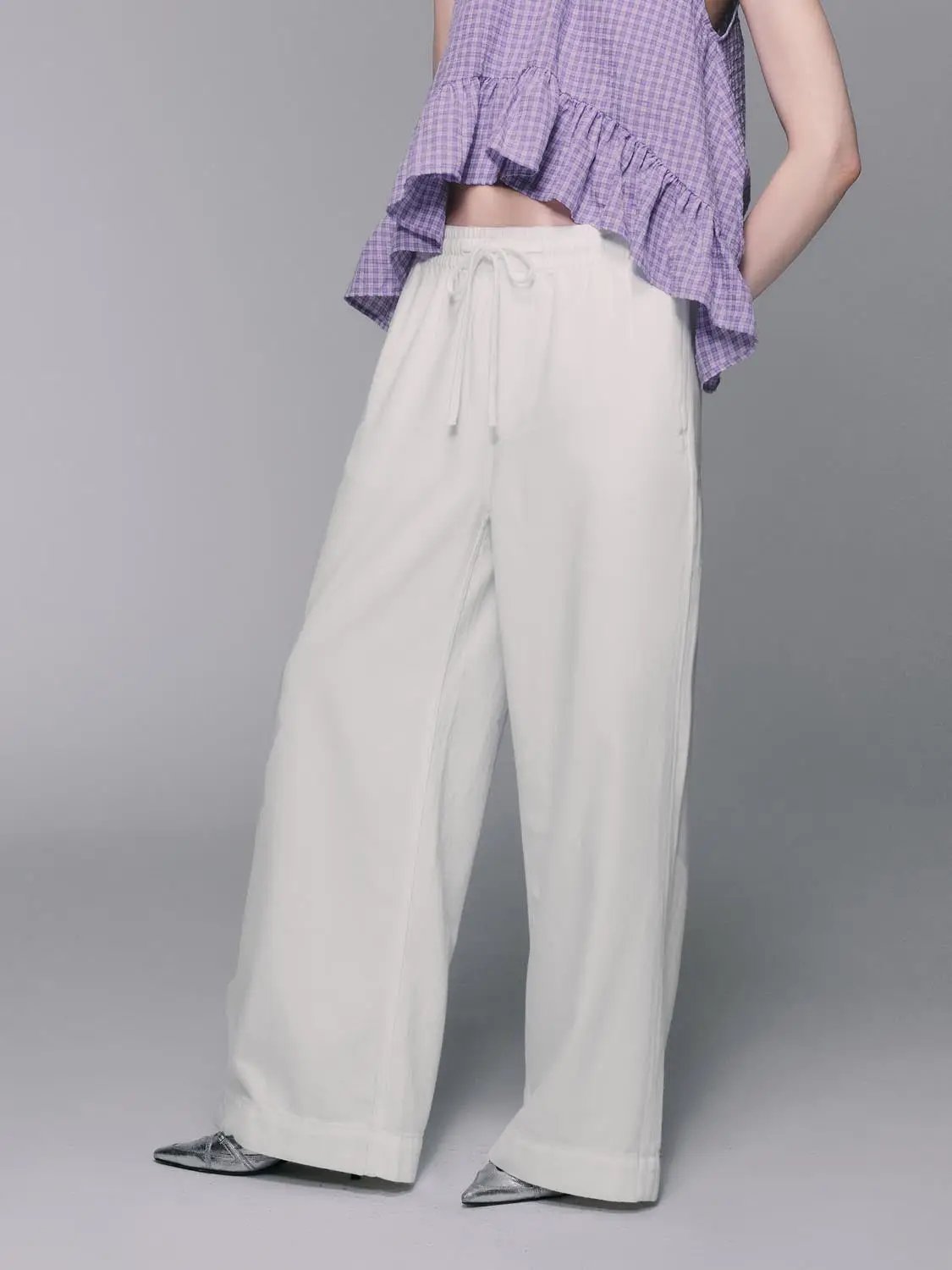 Relaxed Elastic Waist Cotton Wide-leg Pants