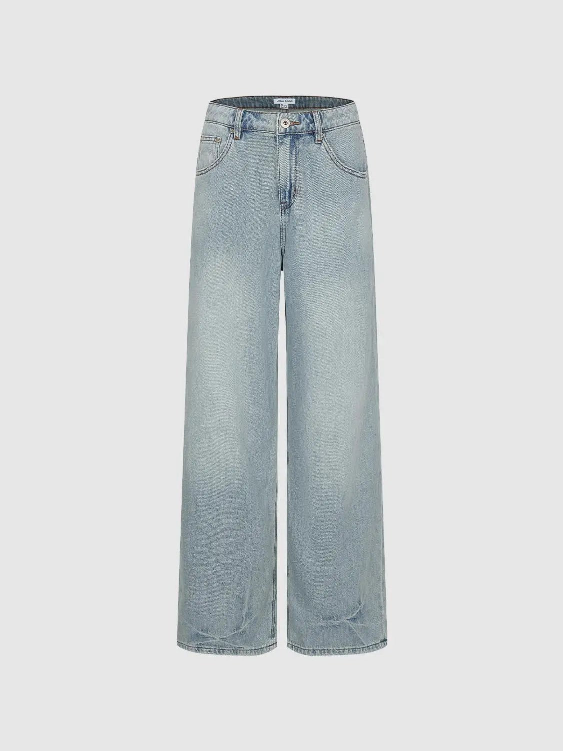 Light Wash Mid-rise Wide-leg Cotton Blend Jeans