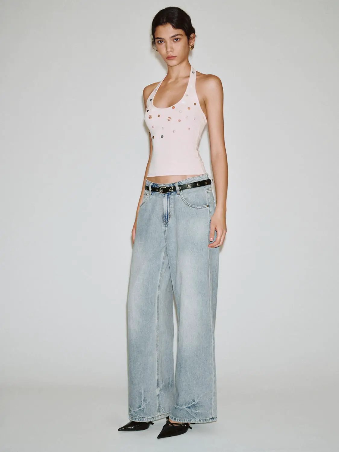 Light Wash Mid-rise Wide-leg Cotton Blend Jeans