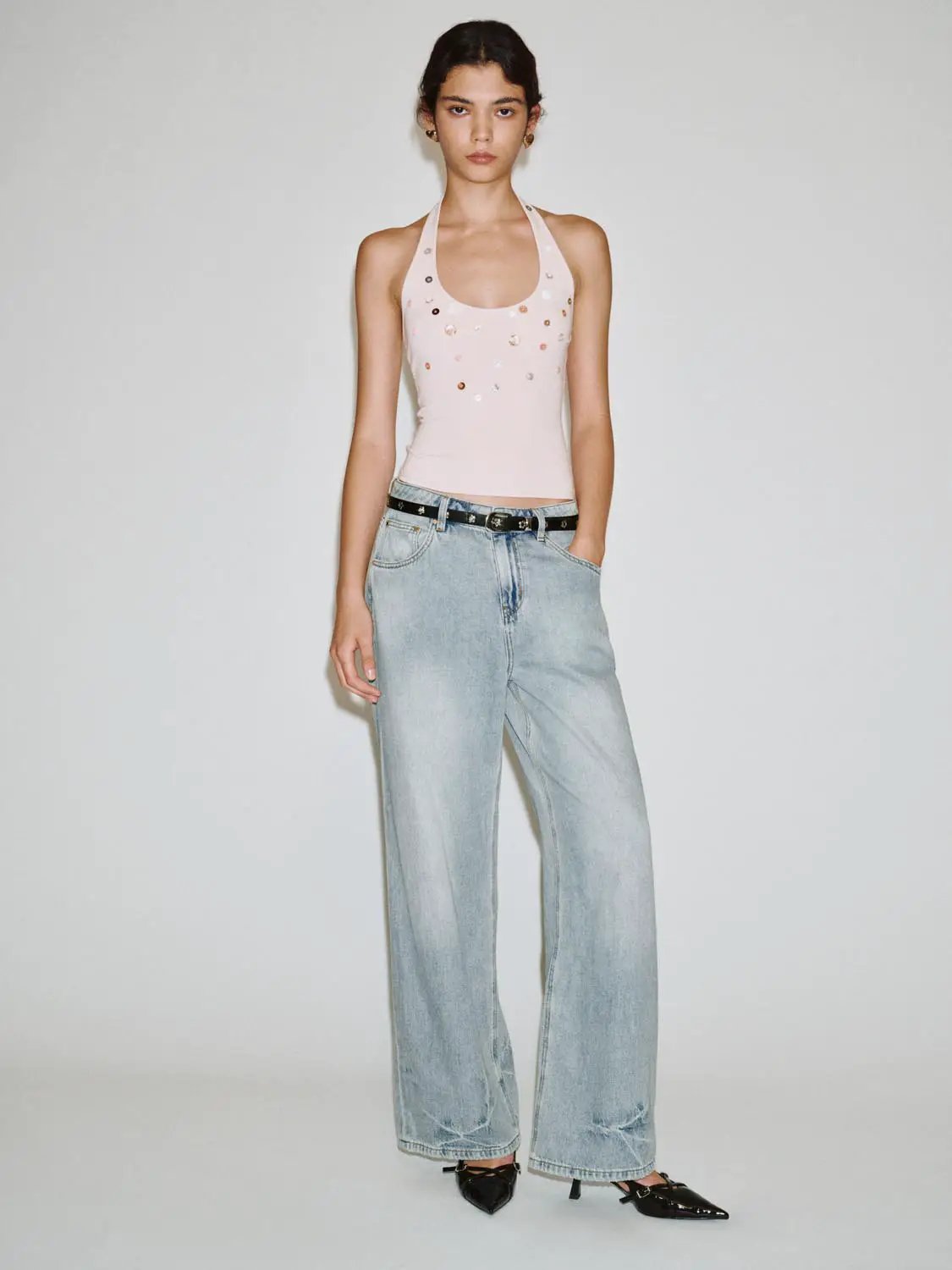 Light Wash Mid-rise Wide-leg Cotton Blend Jeans