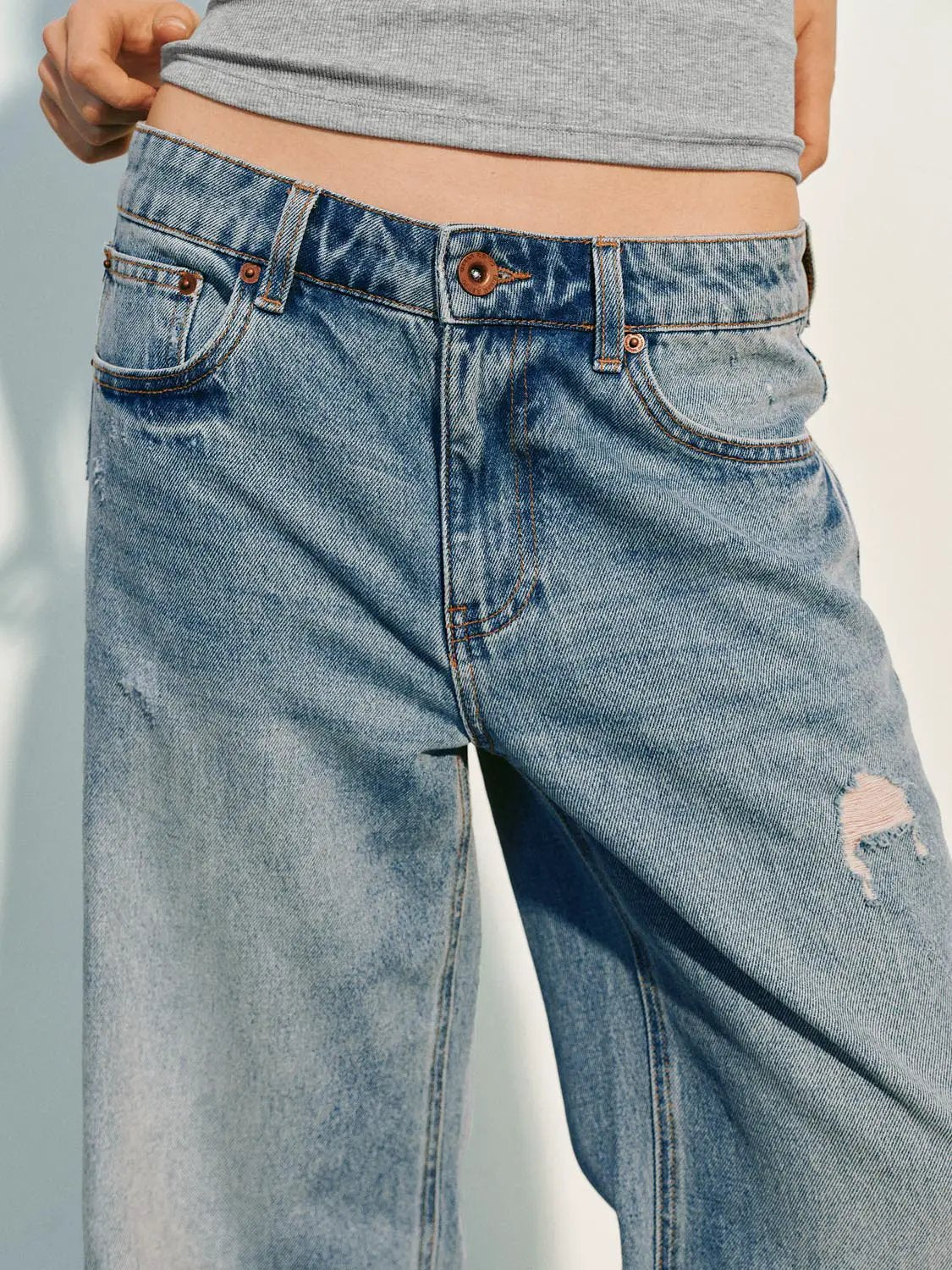 Distressed High-waisted Wide-leg Jeans