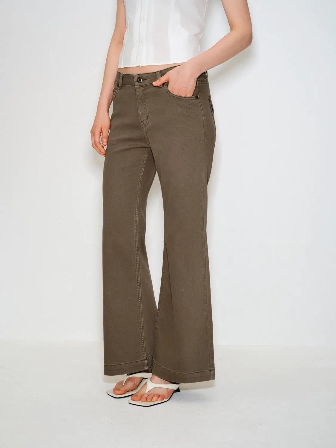 Mid Waist Denim Flare Pants