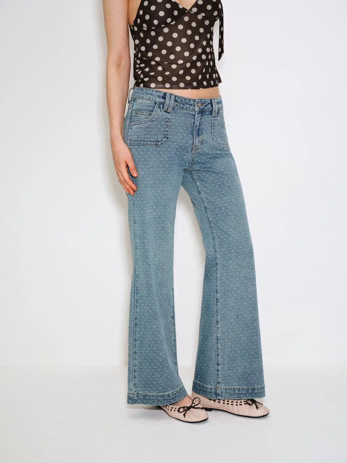 Wide-leg Polka Dot Mid-rise Slight Stretch Cotton Jeans