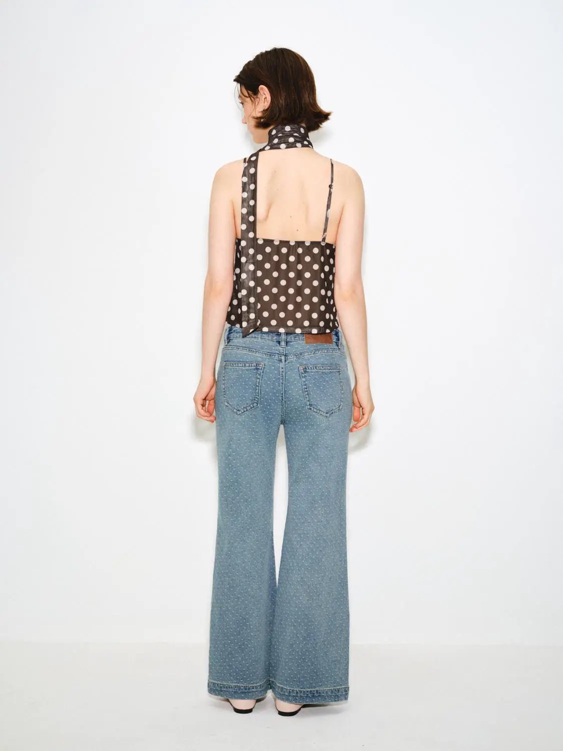 Wide-leg Polka Dot Mid-rise Slight Stretch Cotton Jeans