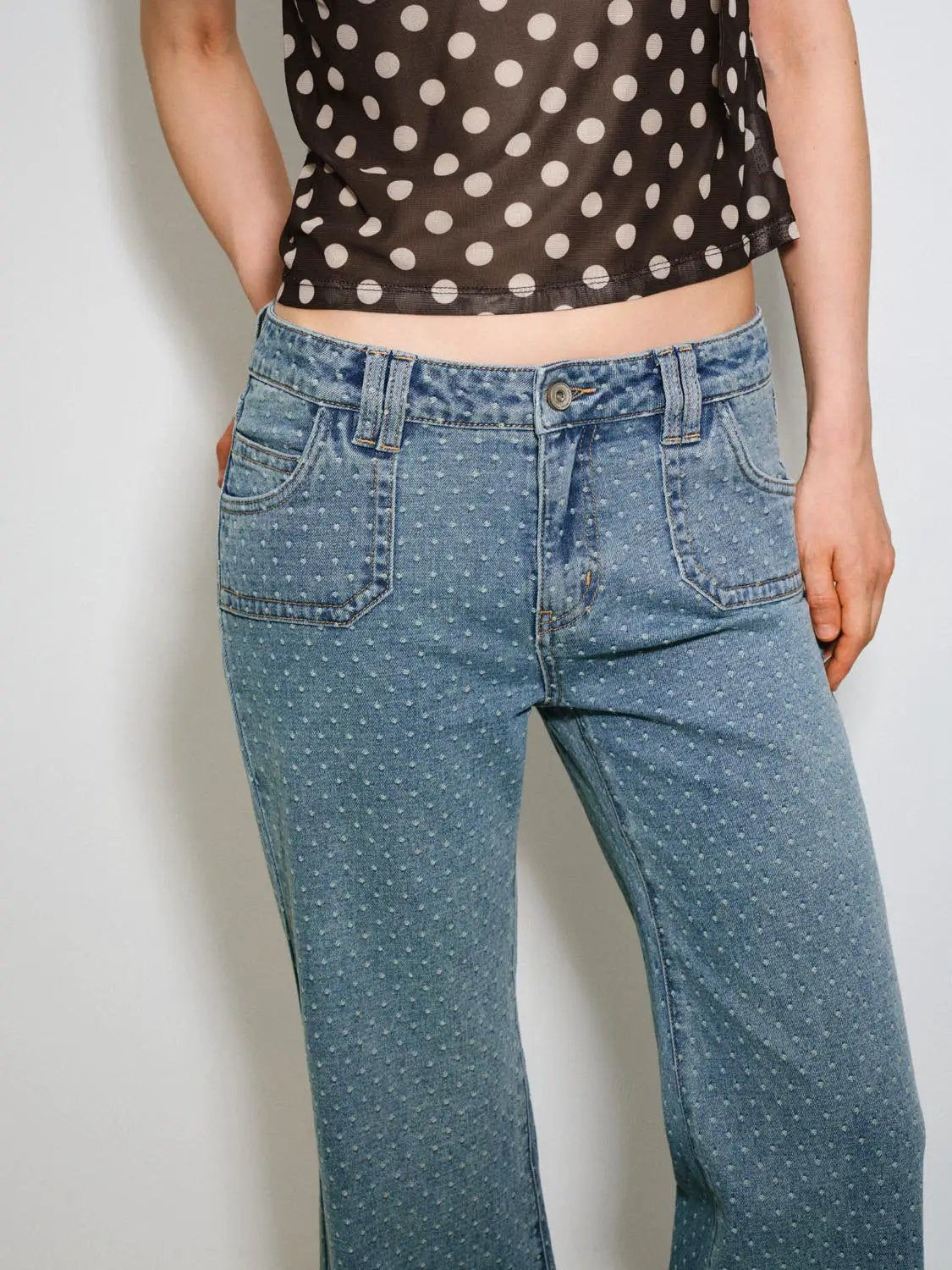 Wide-leg Polka Dot Mid-rise Slight Stretch Cotton Jeans