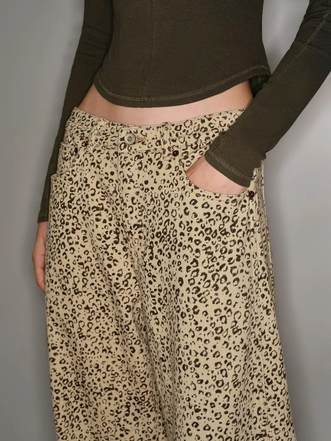 Leopard Print Wide-leg Cotton Blend Pants