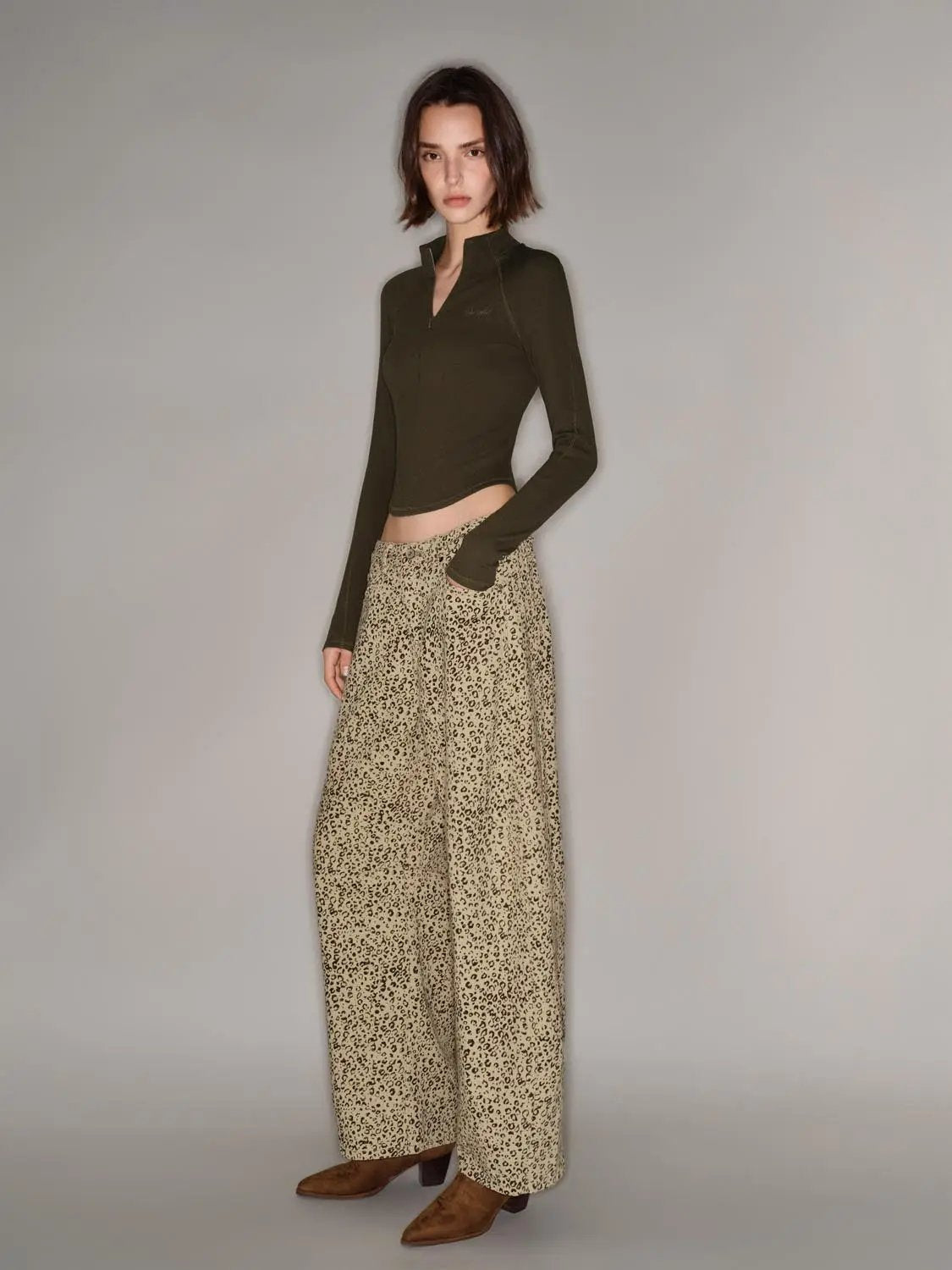 Leopard Print Wide-leg Cotton Blend Pants