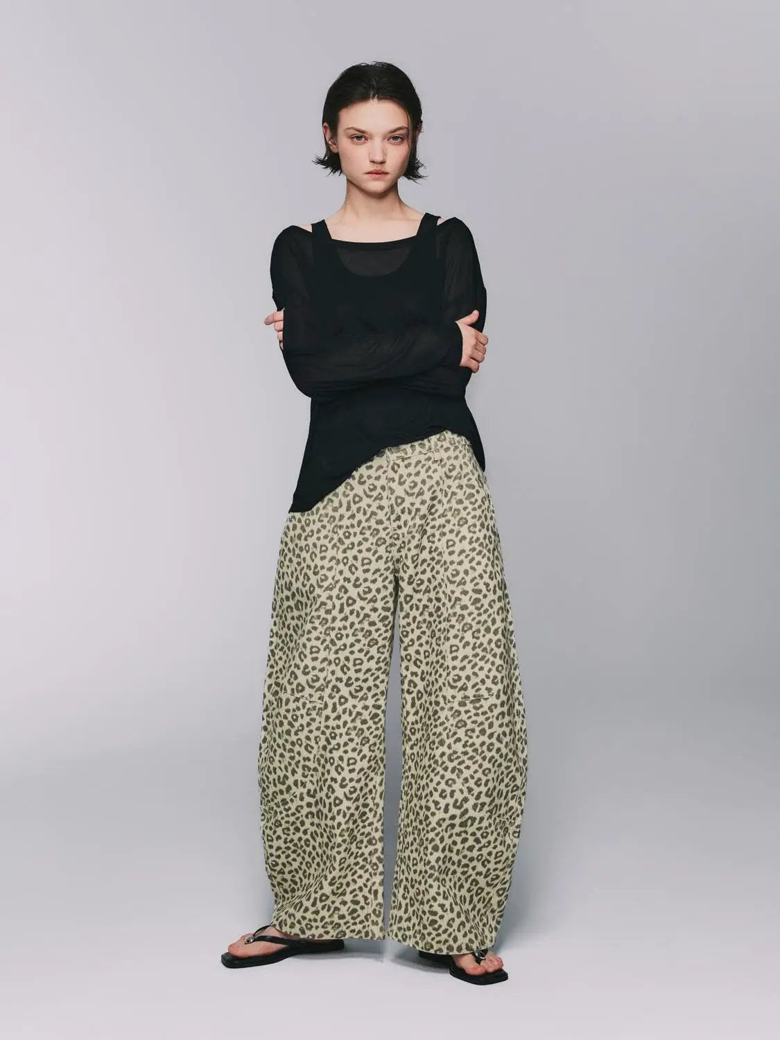 Leopard Print High Waist Barrel Wide Leg Casual Trousers