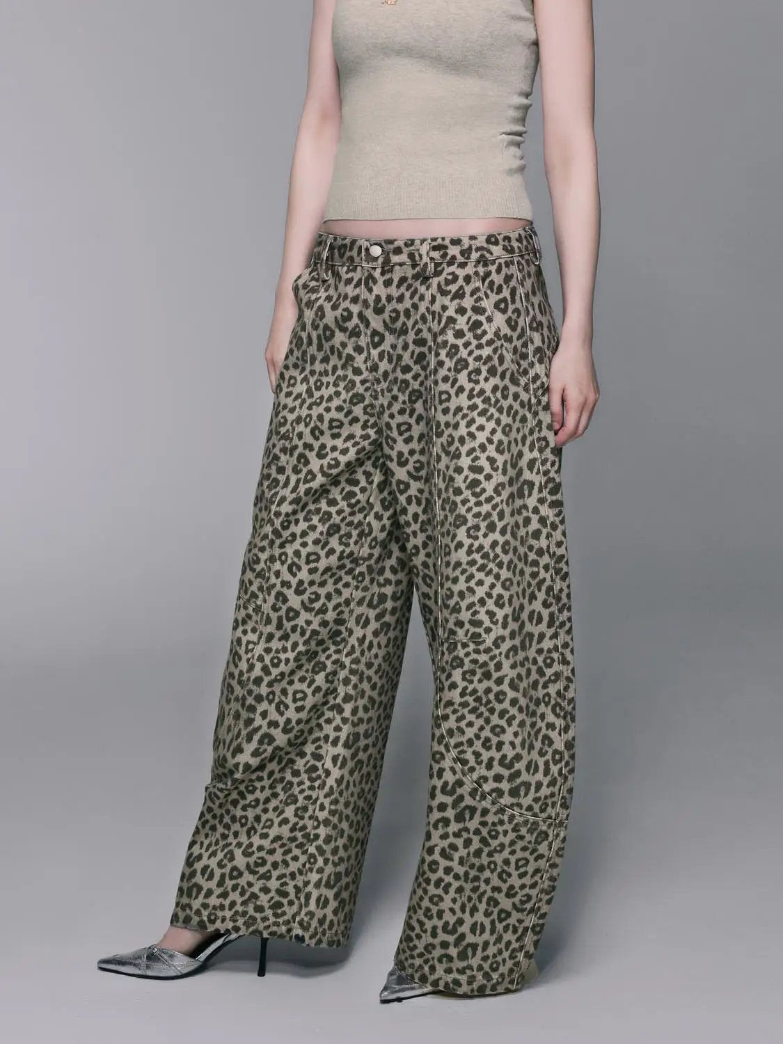 Leopard Print Denim Wide-leg Pants with Patch Pockets