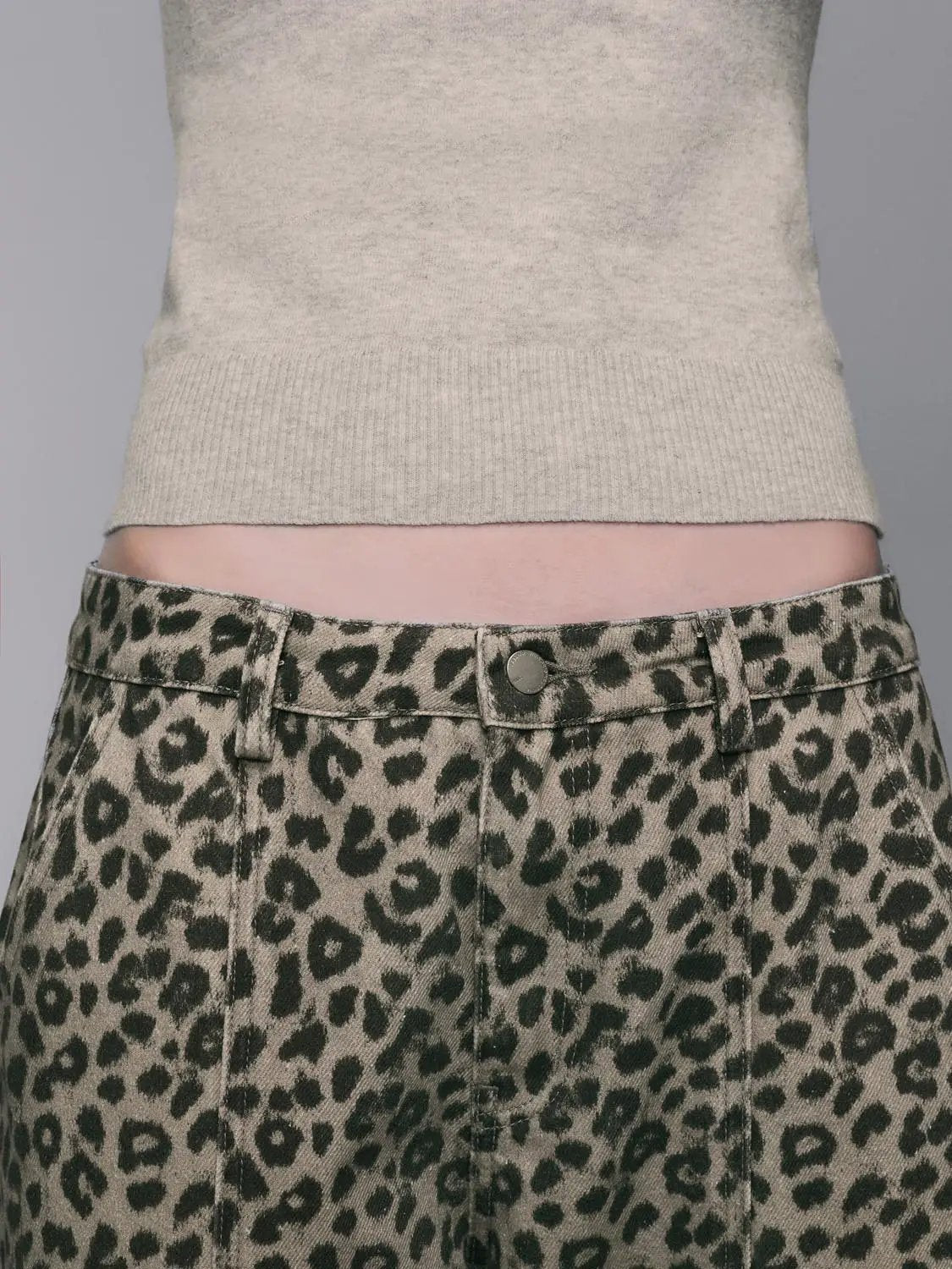 Leopard Print Denim Wide-leg Pants with Patch Pockets