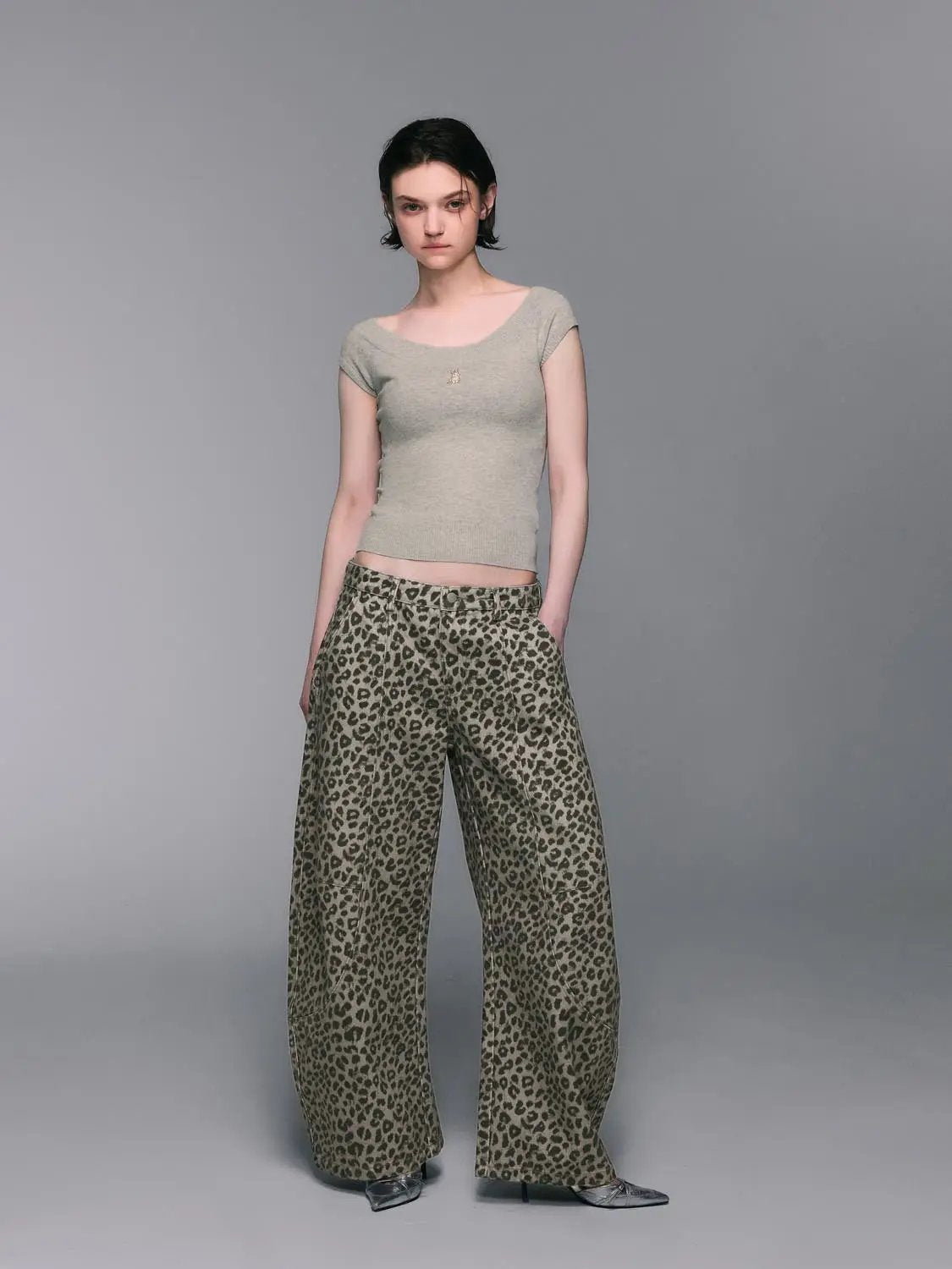 Leopard Print Denim Wide-leg Pants with Patch Pockets